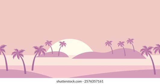 Seamless Tropical Resort Landscape At Sunrise Vector Flat-Style Illustration. Horizontally Repeatable.