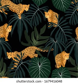 Seamless tropical safari pattern background with leopard, palms leaves, isolated on black background. Perfect for wallpapers, web page backgrounds, surface textures.
