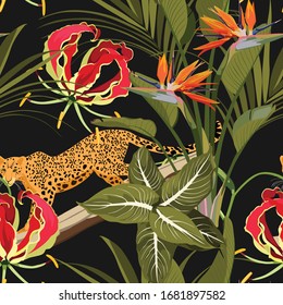 Seamless tropical safari pattern background with leopard, palms, and exotic flowers isolated on black background. Perfect for wallpapers, web page backgrounds, surface textures.