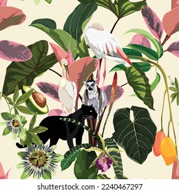 Seamless tropical safari pattern background with many kind of exotic animals, palms, isolated on black background. Perfect for wallpapers, web page backgrounds, surface textures.