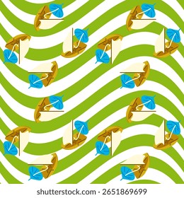 Padrão De Onda De Veleiro Tropical Sem Costura. Barcos à vela de papel com guarda-chuvas cocktail que se repetem sobre fundo ondulado verde e branco. Estilo de desenho animado plano, tropical e humor de verão divertido.