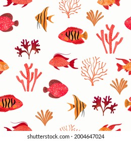 Seamless tropical sea fish pattern  Underwater watercolor vector illustration  Hand drawn corals   fish