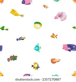 Seamless tropical sea pattern, cute funny fishes. Marine underwater background. Multicolored aquarium species, endless texture design. Ocean fauna, repeating print. Colored flat vector illustration