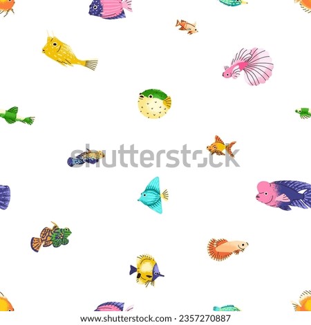 Seamless tropical sea pattern, cute funny fishes. Marine underwater background. Multicolored aquarium species, endless texture design. Ocean fauna, repeating print. Colored flat vector illustration