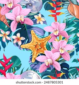 Seamless tropical sea pattern with flowers, shells, starfish. Paradise background, Hawaiian pattern