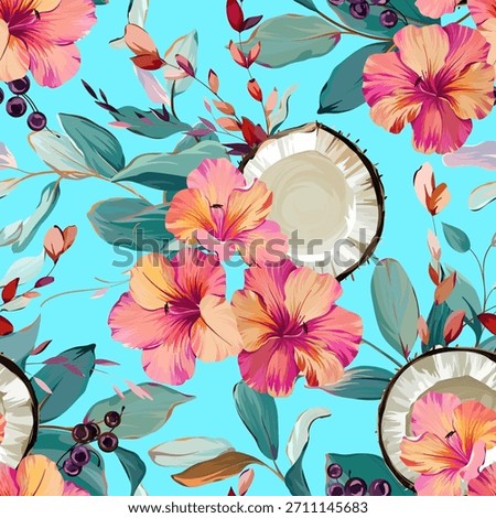 Seamless tropical sea pattern with flowers, plants, and coconuts. Paradise background, Hawaiian pattern.