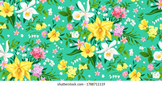 Seamless tropical spring floral background with orchids