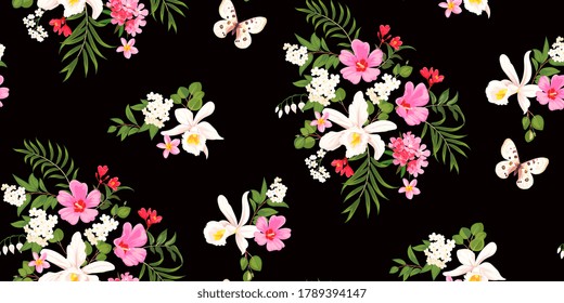 Seamless tropical spring floral background with orchids