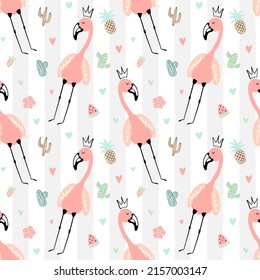 Nahtlose tropische Streifen mit süßen Flamingos in der Krone, Ananas, Wassermelone, Erdbeere, Kakteen. Vektorsommer-Illustration eines Flamingo für Kinder, Textilien, Hintergrund, Kindergarten, Geburtstag