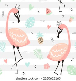 Seamless tropical striped pattern with cute flamingos in the crown, leaf, pineapple, watermelon, strawberry. Vector summer illustration of a flamingo for kids, textiles, background, nursery, birthday