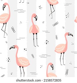 Patrón de rayas tropicales sin foco con flamencos, puntos y olas. Ilustración vectorial de verano de un flamingo para niños, textiles, antecedentes, vivero, cumpleaños, ropa, ducha, regalo