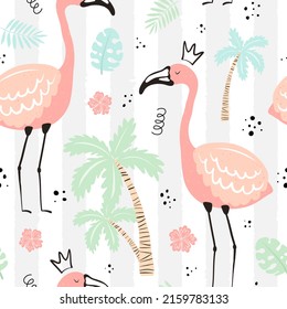 Seamless tropical striped pattern with flamingos in the crown, palm, leaves, hibiscus. Vector summer illustration of a flamingo for kids, textiles, background, nursery, birthday, clothes, shower, gift