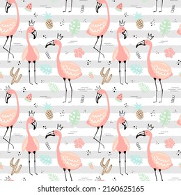 Seamless tropical striped pattern with pink flamingos in the crown, leaves, fruit, cactus.Vector summer hand-drawn illustration of a flamingo for kids, textiles, background, clothes, nursery, birthday
