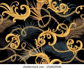 Seamless tropical summer Baroque vector pattern background with golden chains, palm leaves, baroque elments. Vector patch for print, fabric, scarf design. 