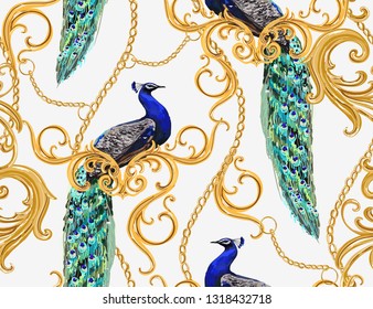 Seamless tropical summer Baroque vector pattern background with pecocks, golden chains, baroque elments. Vector patch for print, fabric, scarf design. Isolated on white background