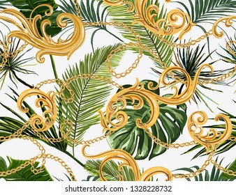 Seamless tropical summer Baroque vector pattern background with golden chains, palm leaves, baroque elments. Vector patch for print, fabric, scarf design. 