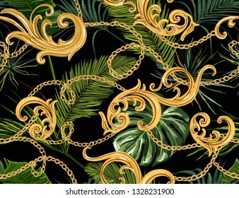 Seamless tropical summer Baroque vector pattern background with golden chains, palm leaves, baroque elments. Vector patch for print, fabric, scarf design. 