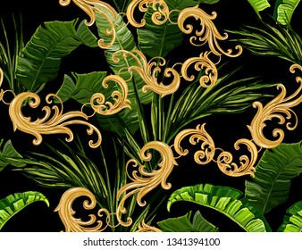 Seamless tropical summer Baroque vector pattern background with golden chains, palm leaves, baroque elments. Vector patch for print, fabric, scarf design. 