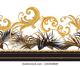 Seamless tropical summer Baroque vector pattern background with golden chains, palm leaves, baroque elments. Vector patch for print, fabric, scarf design. 