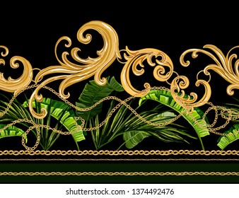 Seamless tropical summer Baroque vector pattern background with golden chains, palm leaves, baroque elments. Vector patch for print, fabric, scarf design