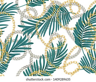Seamless tropical summer Baroque vector pattern background with golden chains, palm leaves, baroque elments. Vector patch for print, fabric, scarf design.
