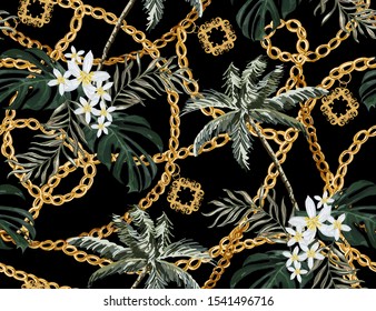 Seamless tropical summer baroque vector pattern background with golden chains, plumeria,  palms,  leaves, baroque elments. Vector patch for print, fabric, scarf design. 