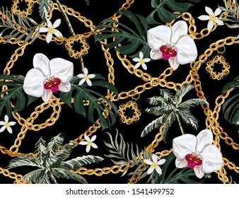 Seamless tropical summer baroque vector pattern background with golden chains, orchid, plumeria,  palm leaves, baroque elments. Vector patch for print, fabric, scarf design. 