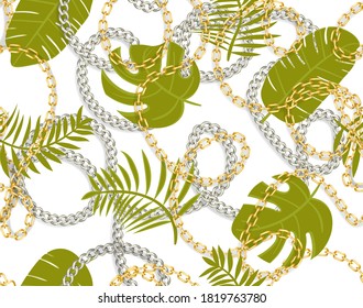Verdadero trópico verano barroco de fondo vectorial con cadenas doradas, hojas de palma, elementos barrocos. Parche vectorial para impresión, tela, diseño de bufanda.
