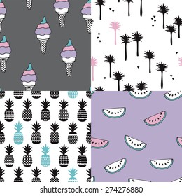 Seamless tropical summer modern background pattern illustration set with ice cream palm trees water melon and pineapple in vector