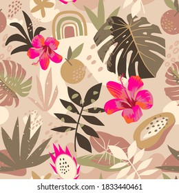 Seamless tropical summer organic fruit jungle pattern. Abstract modern background for branding, packaging, wallpaper, wrapping paper with monstera leaves, papaya, dragon fruit, oranges, seeds. Vector