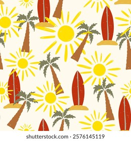 Seamless tropical summer pattern featuring hand drawn sun, palm trees, and surfboards in vibrant colors vector illustration