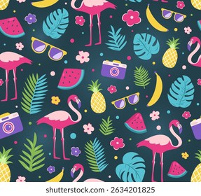 Seamless tropical summer pattern with flamingos, fruits, palm leaves, flowers, sunglasses, and cameras. Fun and colorful vector background on dark backdrop