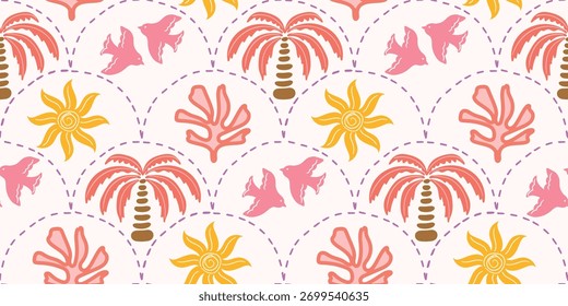 Patrón de verano tropical sin fisuras con Elementos dibujados a mano y colores vibrantes. Conveniente para el diseño del Fondo de pantalla, de la tela y de la impresión