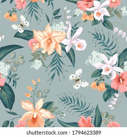 Seamless tropical summer pattern with orchid flowers for textile