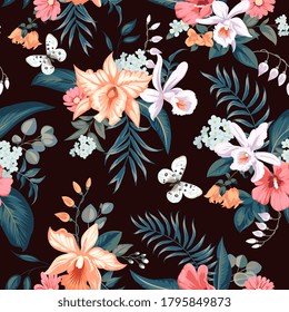Patrón veraniego tropical sin soldadura con flores de orquídea para textiles
