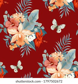 Seamless tropical summer pattern with orchid flowers for textile