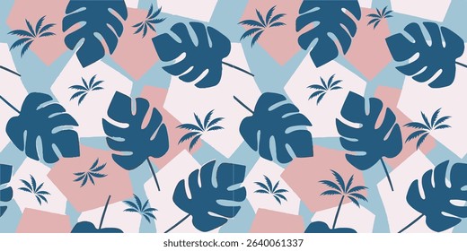 Seamless tropical summer pattern with palm and monstera leaves on pastel shapes. EPS10 vector with JPG preview.