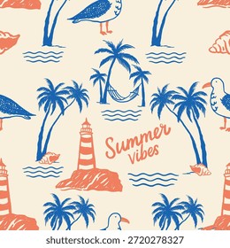 Seamless tropical summer pattern with palm trees, seagulls, lighthouses, hammock, shells and the phrase “summer vibes” on beige background. Suitable for beachwear, fabric and summer-themed designs.