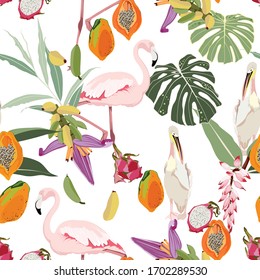 Seamless tropical summer pattern with pink flamingo, leaves, pineapple, watermelon and lemon slices, banana. Perfect for wallpapers, web page backgrounds, surface textures, textile.