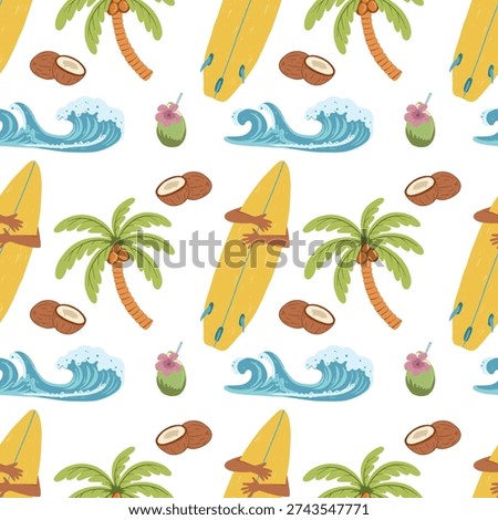 Seamless tropical summer pattern with surfboards, waves and palm trees