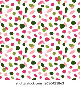 Seamless Tropical Terrazzo Pattern in Pink and Green Tones, Exotic Abstract Nature-Inspired Background for Summer Design, Fabric, Wallpaper, or Packaging Projects