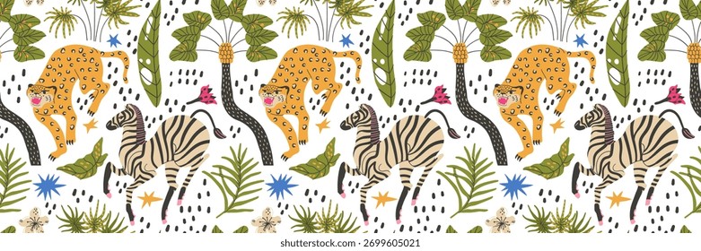 Têxtil tropical sem costura com zebra-leopardo e padrão de palma exótica. Decoração de quarto de crianças e materiais educativos