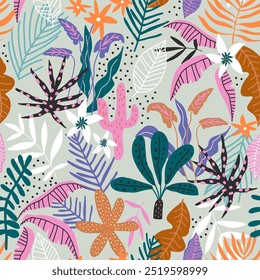 Seamless tropical texture with jungle leaves, trees, flowers. Abstract botanical vector background for fabric, textile, digital papers.