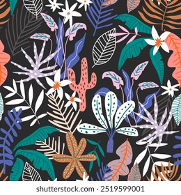 Seamless tropical texture with jungle leaves, trees, flowers. Abstract botanical vector background for fabric, textile, digital papers.