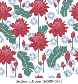 Seamless tropical torch ginger patterns with vibrant red flowers and lush leaves. Ideal for fabric, decor, exotic themes, and surface design projects.