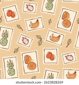 Seamless tropical travel stamp pattern - repeating exotic fruits postage postmarks on background with leaves. Contour drawings of fruits for Hawaiian shirt fabric print or wrapping paper design.