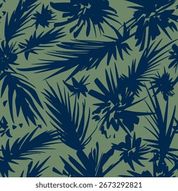 Seamless tropical trendy linear vector vintage ink exotic style. Branches leaves elements pattern jungle silhouette pattern handmade for decoration, textiles, postcards, print design khaki color
