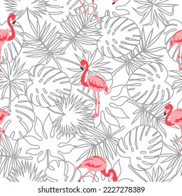 Seamless tropical trendy pattern with cute flamingo  and exotic leaves. Vector summer illustration
