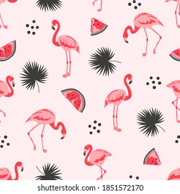 Seamless tropical trendy pattern with flamingos, watermelon and palm leaves. Vector summer background.