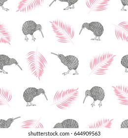 Seamless tropical trendy pattern with watercolor kiwi birds and palm leaves. Vector summer background.